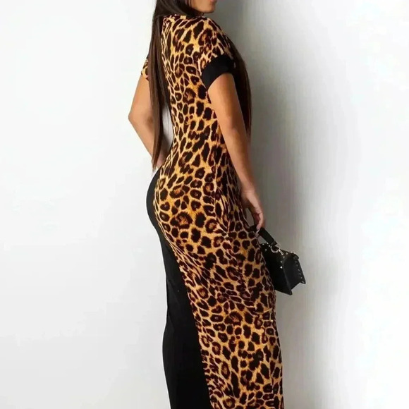Elegant Leopard Print Crew Neck Short Sleeve Ankle Dress - Picture 3 of 3
